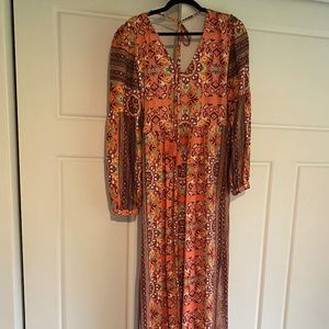 Gorgeous Farm Rio for Anthro Tie Back Long Sleeve Maxi Dress
